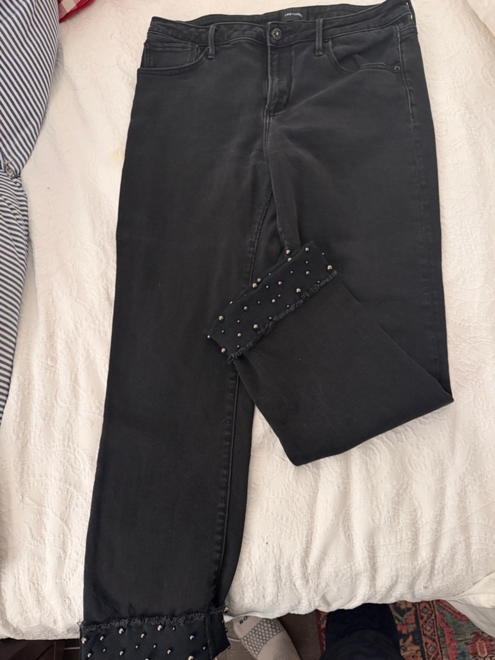 DRIFTWOOD Black Straight Leg Jeans with Beaded Frayed Cuffs